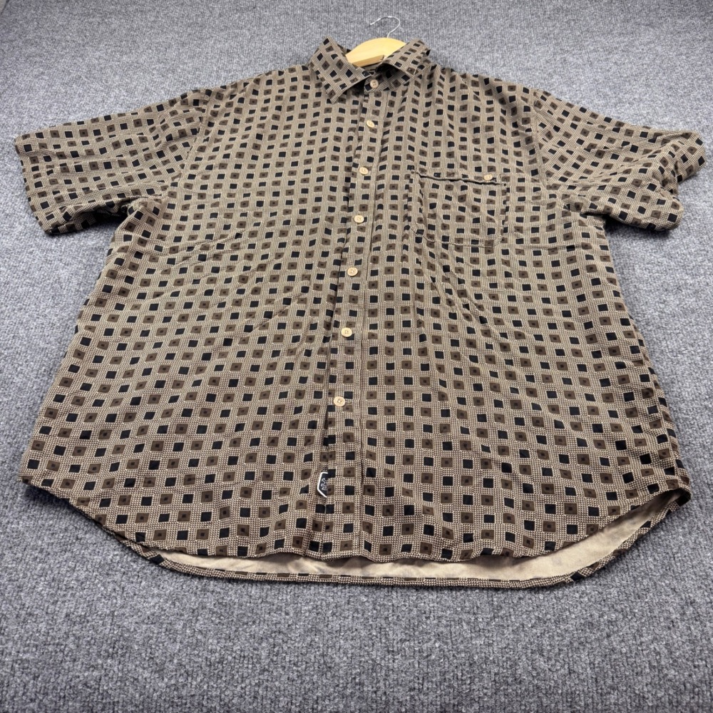 Nat Nast Silk Button Up Shirt Mens Large Brown Geometric Short Sleeve Excellent